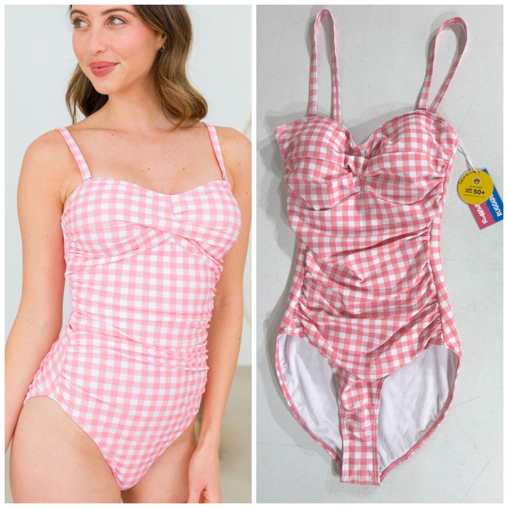 RuffleButts Womens Swimsuit Small Pink Gingham Convertible Bandeau UPF 50+ READ